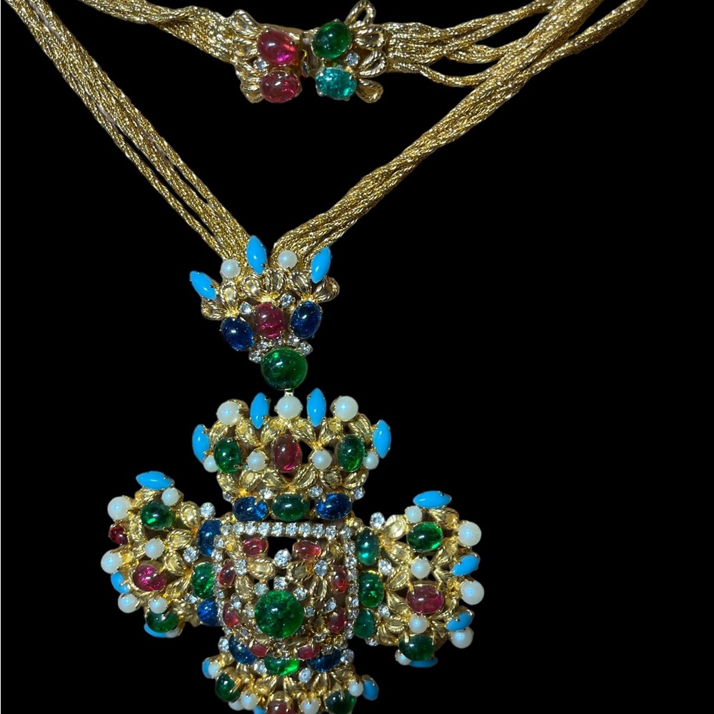 Rare Christian Dior German 1969, 5-Strand Goldtone Maltese Cross Necklace
